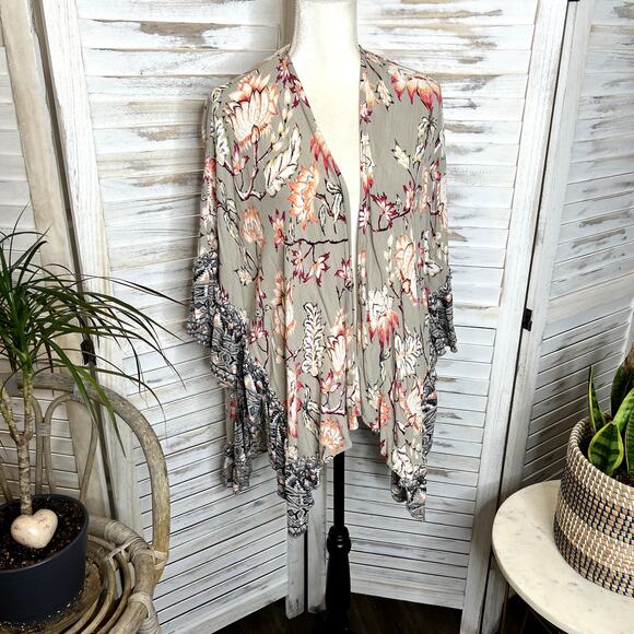 ANGIE Women's Sm Open Front Kimono Top Floral Ruffle Tim Taupe Coral Oversized - Picture 4 of 16